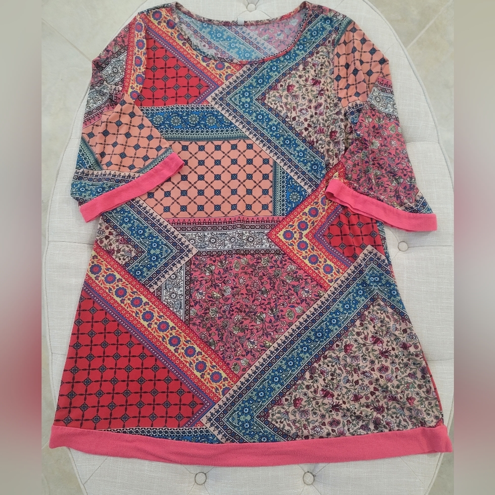 Celeste Hankerchief Print Tunic Top Shirt XL Blouse Bell Sleeve Flared